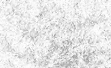 Grunge halftone vector print background. Radial halftone dots. Spotted and dotted stains gradient background. Concentric comic texture with fading effect. 