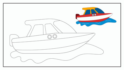 Speed Boat Coloring Page Illustration For Kid..Water Transport Collection. Vector Cartoon Doodle Style