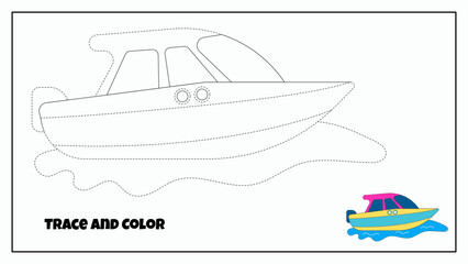 Speed Boat Trace and Color Education For Kids. .Water Transport Collection. Vector Cartoon Doodle Style