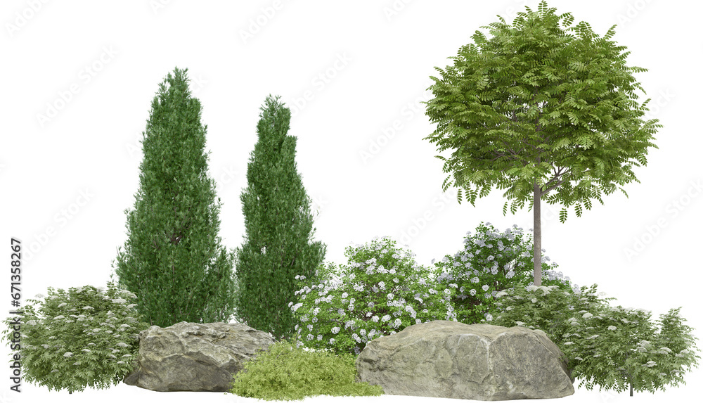 Poster realistic small garden. 3d rendering of isolated objects.