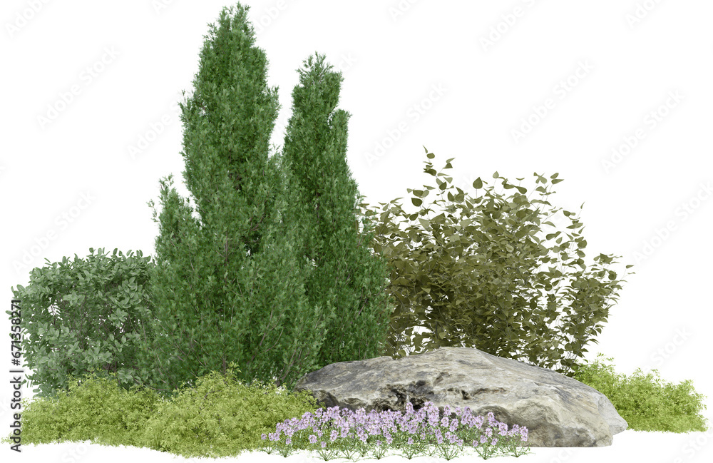 Poster realistic small garden. 3d rendering of isolated objects.
