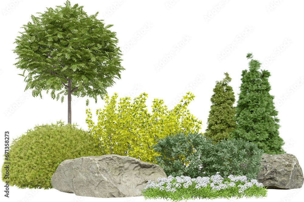 Poster realistic small garden. 3d rendering of isolated objects.