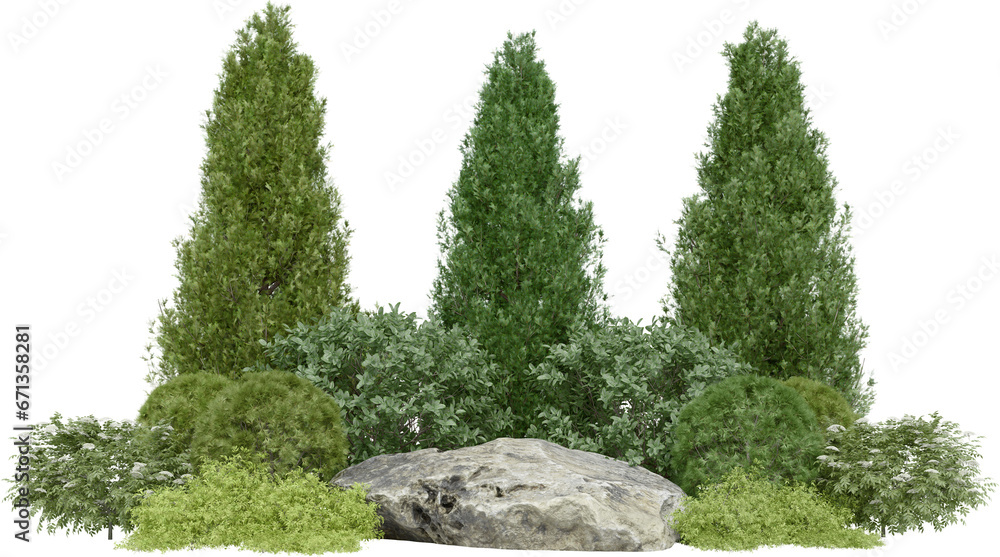 Poster realistic small garden. 3d rendering of isolated objects.