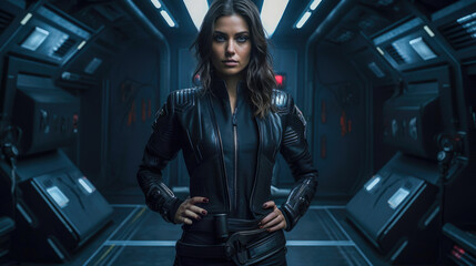 A dark-haired woman stands confidently in a spaceship cabin, wearing a black leather jacket and pants