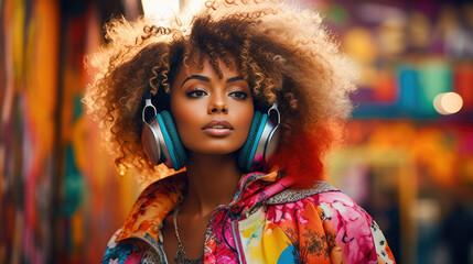 A young black african american woman with voluminous curly hair wears vibrant headphones and a...