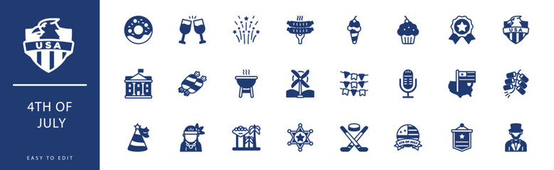 4TH OF JULY icon collection. Containing Hat, Hockey, Hot Dog, Ice Cream, Independence Declaration, Las Vegas,  icons. Vector illustration & easy to edit.
