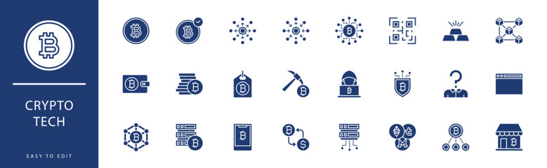 CryptoTech icon collection. Containing Basket, Binary Code, Bitcoin, Blockchain, Box, Centralized, icons. Vector illustration & easy to edit.