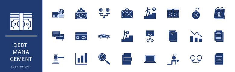 Debt management icon collection. Containing Car, Carrying, Climbing, Coin, Conversation 2, Conversation,  icons. Vector illustration & easy to edit.