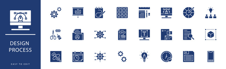 Design Process icon collection. Containing Gears, Graphic Design, Handcraft, Idea, Infographics, Intelligence,  icons. Vector illustration & easy to edit.