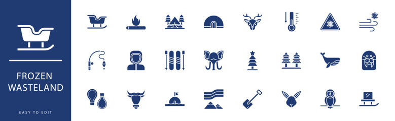 Frozen Wasteland icon collection. Containing Lantern, Low Temperature, Mammoth, Penguin, Pine Tree, Refinery,  icons. Vector illustration & easy to edit.