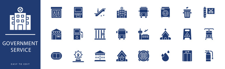 Fototapeta premium Government service icon collection. Containing Library, Museum, No Smoke, Park, Playground, Police Station, icons. Vector illustration & easy to edit.