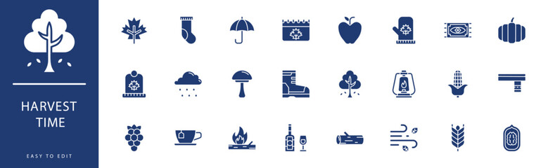 Harvest time icon collection. Containing Boots, Calendar, Calendar, Campfire, Carpet, Chullo, icons. Vector illustration & easy to edit.