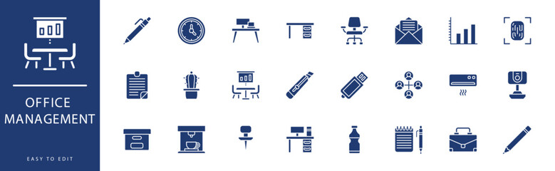 Office Management icon collection. Containing Laptop, Letters, Meeting Room, Mouse, Network, Note,  icons. Vector illustration & easy to edit.