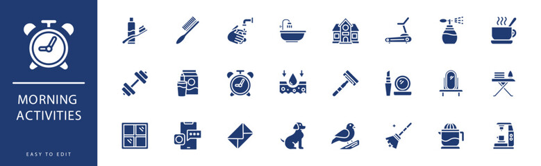 morning activities icon collection. Containing List, Make Up, Milk, Mirror, Moisturizing, News, icons. Vector illustration & easy to edit.