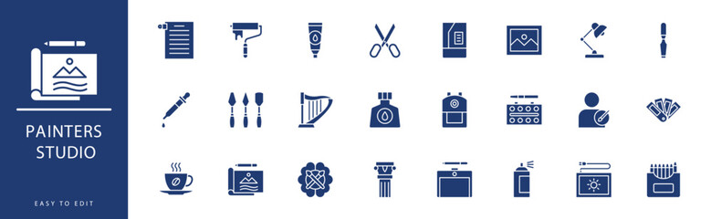 Painters studio icon collection. Containing Idea, Ink, Landscape, Lightbox, Mouse, Oil Paint,  icons. Vector illustration & easy to edit.