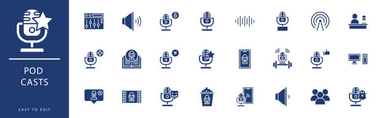 Pod Casts icon collection. Containing Cloud, Comedy, Computer, Connection, Conversation, Download,  icons. Vector illustration & easy to edit.