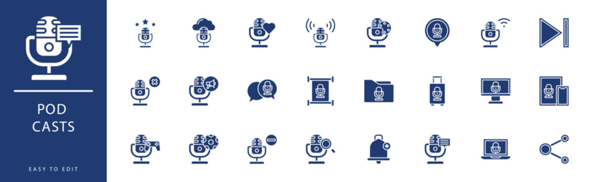 Pod Casts icon collection. Containing Host, Laptop, Live, Love, Low Volume, Microphone,  icons. Vector illustration & easy to edit.
