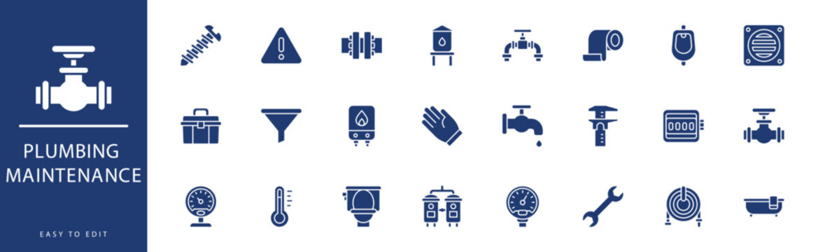 Plumbing Maintenance icon collection. Containing Cleaner, Cogwheel, Counter, Crash, Detergent, Dishwater,  icons. Vector illustration & easy to edit.