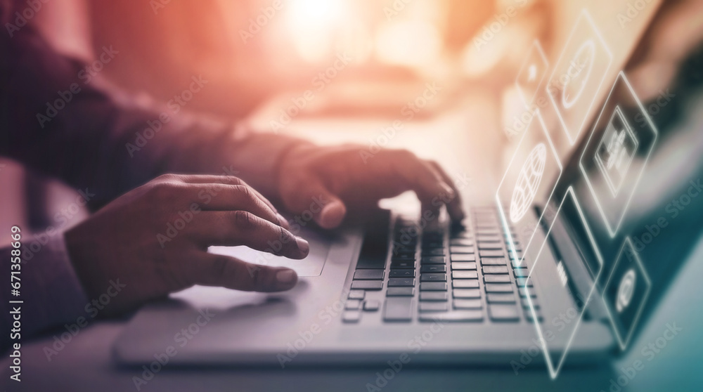 Aufkleber Laptop data overlay, web app hologram and man hands typing for information technology. Website, online cloud computing and digital transformation of a it employee working on ux database and iot