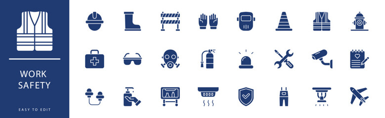 Work Safety icon collection. Containing Don'T Touch, Ear Plug, Ear Protection, Emergency Exit, Emergency, Experiment,  icons. Vector illustration & easy to edit. - obrazy, fototapety, plakaty