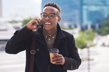 Black man in city, phone call and coffee with happiness, travel to work with communication, technology and 5g. Employee, urban and commute in New York, mockup space and conversation with connection