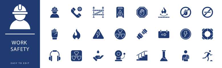 Work Safety icon collection. Containing Handrail, Head Protection, Health Check, High Voltage, Life Vest, Lifebuoy,  icons. Vector illustration & easy to edit. - obrazy, fototapety, plakaty