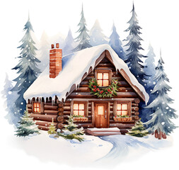 Watercolor Christmas forest cabin