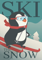 Winter activity vector illustration. Penguins Skier