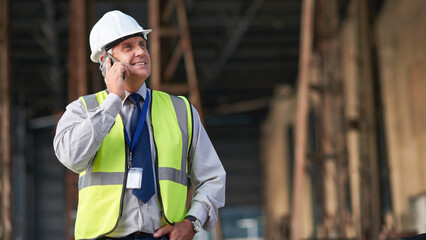 Engineer, construction and phone of a man outdoor for building project management. Senior...