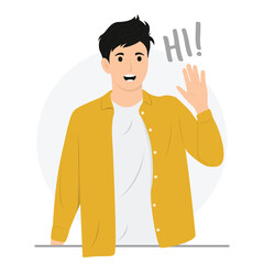Flat Vector friendly smiling man waving hand saying hello hi hola © donimon