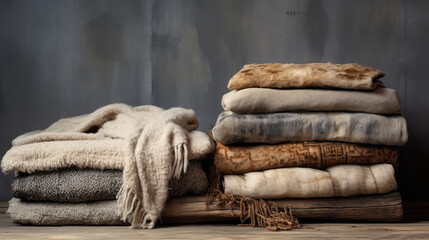 Wabi sabi rustic textures that evoke warmth and relaxation, plush fabrics, clothes, interesting textures, cozy blankets - obrazy, fototapety, plakaty