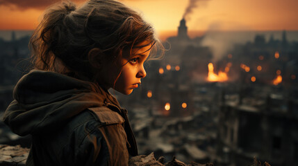 A sad and lonely little girl stands before a war-torn city with missiles in the background. - obrazy, fototapety, plakaty