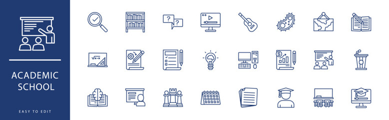 Academic school icon collection. Containing Graduation, Idea, Knowledge, Laptop, Library, Light Bulb,  icons. Vector illustration & easy to edit.