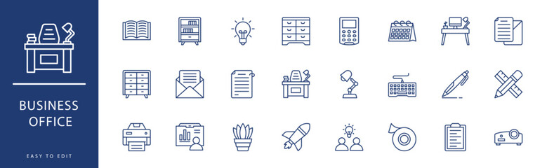 Business Office icon collection. Containing Cabinet, Calculator, Calendar, Chest Of Drawers, Clipboard, Clock,  icons. Vector illustration & easy to edit.