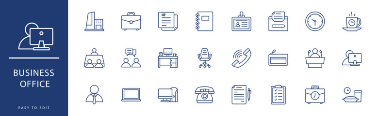 Business Office icon collection. Containing Id Card, Idea, Interview, Keyboard, Lamp, Laptop,  icons. Vector illustration & easy to edit.