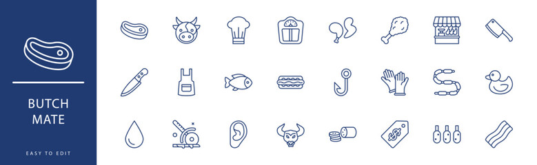 ButchMate icon collection. Containing Burger, Butcher Shop, Chef Hat, Chicken, Chorizo, Cleaver Knife,  icons. Vector illustration & easy to edit.