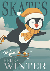 Winter activity vector illustration. Penguin ice skating