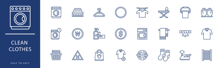 Clean Clothes icon collection. Containing Bucket, Cart, Chemical, Clothes Pin, Clothesline, Coin,  icons. Vector illustration & easy to edit.