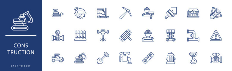 construction icon collection. Containing Forklift, Hammer, Hand Saw, Helmet, Hook, House,  icons. Vector illustration & easy to edit. - obrazy, fototapety, plakaty
