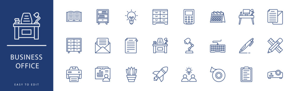 Business Office Icon Collection. Containing Cabinet, Calculator, Calendar, Chest Of Drawers, Clipboard, Clock,  Icons. Vector Illustration & Easy To Edit.