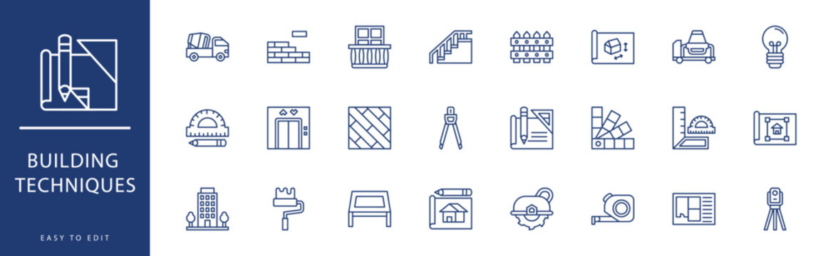 Building Techniques icon collection. Containing Helmet, House Design, House Sketch, House, Jackhammer, Lift,  icons. Vector illustration & easy to edit.
