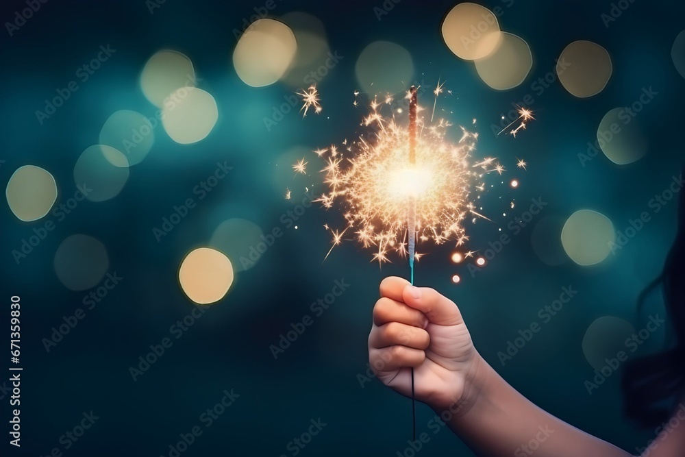 Wall mural children holding sparkling sparklers in her hands at dark night, with bokeh lights