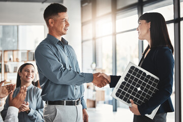 Technician, deal and solar panels with people and handshake for renewable energy, teamwork and...