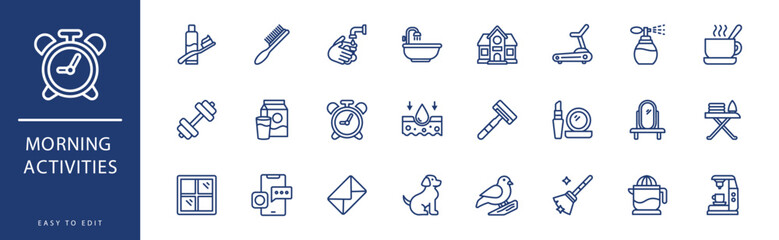 morning activities icon collection. Containing List, Make Up, Milk, Mirror, Moisturizing, News,  icons. Vector illustration & easy to edit.