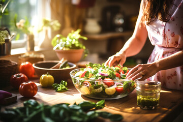 Obraz na płótnie Canvas Close up of Hand of woman preparing healthy salad. Generative AI 