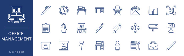 Office Management icon collection. Containing Laptop, Letters, Meeting Room, Mouse, Network, Note,  icons. Vector illustration & easy to edit.