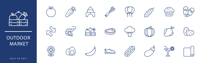 Outdoor Market icon collection. Containing Beverage, Bitter, Broccoli, Burger, Cabbage, Candy,  icons. Vector illustration & easy to edit.
