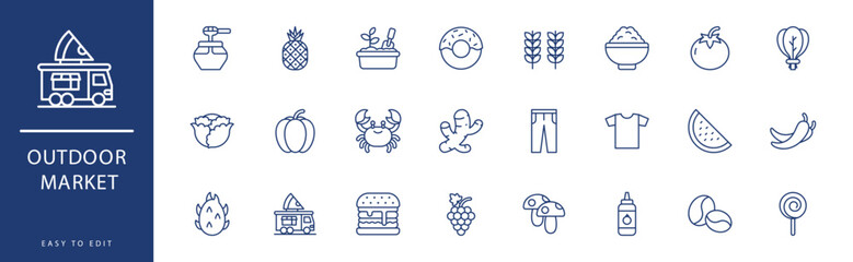 Obraz premium Outdoor Market icon collection. Containing Fruit, Gardening, Ginger, Grapes, Honey, Hot Dog, icons. Vector illustration & easy to edit.