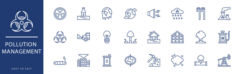 Pollution management icon collection. Containing Cable, Car Battery, Car, Chimneys, Cigarette, City,  icons. Vector illustration & easy to edit.