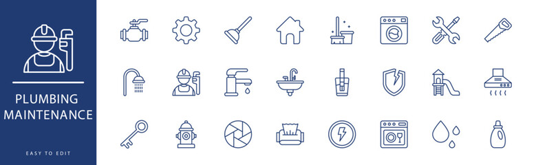 Plumbing Maintenance icon collection. Containing Keys, Manometer, Pipeline, Plumber, Plunger, Pressure,  icons. Vector illustration & easy to edit.